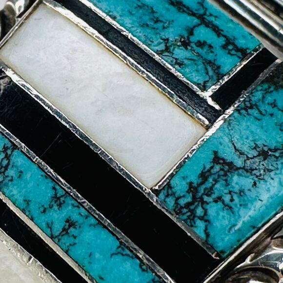 Zuni Sterling Silver, Turquoise and Mother of Pearl Watch Band Tips - Picture 4 of 8